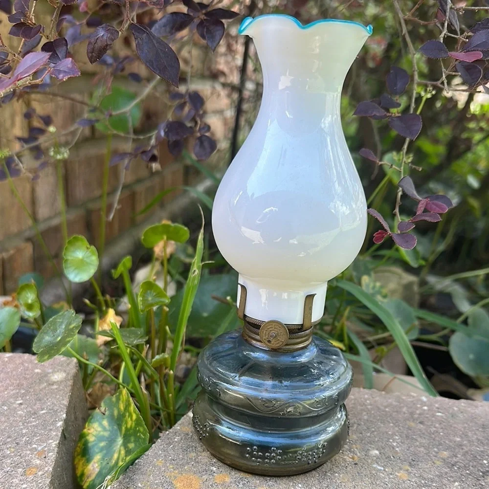 Vintage Three Star brand Glass Oil Lamp with White and Blue Accents